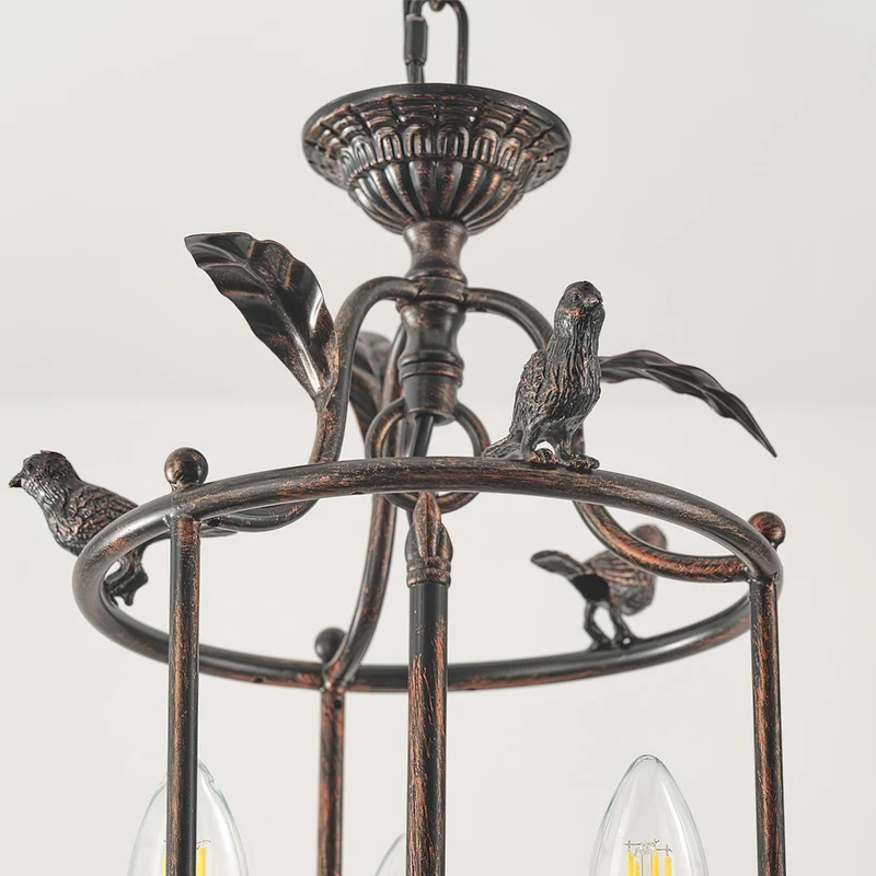 Barok Lantaarn Hanglamp met Vogel- en Bladdetails – Klassieke 3-Lichts Plafondlamp in Goud of Brons | Sansoti