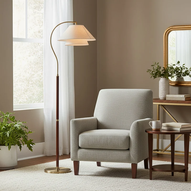 Luxe Vloerlamp met Dubbele Stoffen Kap en Houten Details – 155 cm Hoog Design Statement | Sansoti
