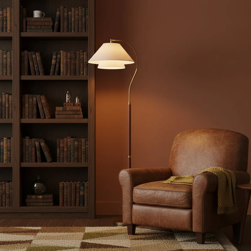 Luxe Vloerlamp met Dubbele Stoffen Kap en Houten Details – 155 cm Hoog Design Statement | Sansoti