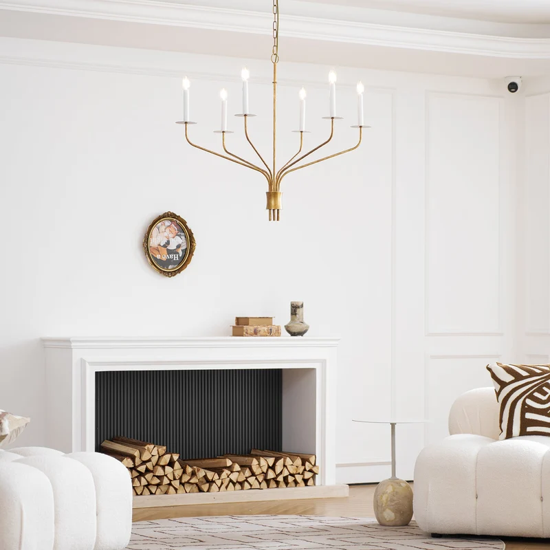 Minimalistische Kroonluchter met Slanke Armen en Kaarsvormige Fittingen – Moderne Design Hanglamp in Messing, Zwart of Nikkel | Sansoti