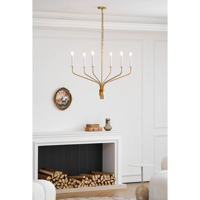 Minimalistische Kroonluchter met Slanke Armen en Kaarsvormige Fittingen – Moderne Design Hanglamp in Messing, Zwart of Nikkel | Sansoti