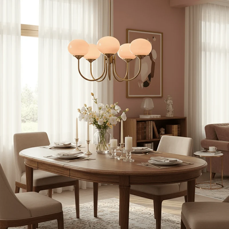Glazen Kroonluchter Met Roze Witte Of Creme Bollen En Gouden Of Chromen Frame Moderne Design Kroonluchter Met 3 Of 5 Lichtpunten Voor Woonkamer En Eetkamer | Sansoti