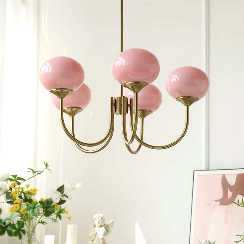 Glazen Kroonluchter Met Roze Witte Of Creme Bollen En Gouden Of Chromen Frame Moderne Design Kroonluchter Met 3 Of 5 Lichtpunten Voor Woonkamer En Eetkamer | Sansoti