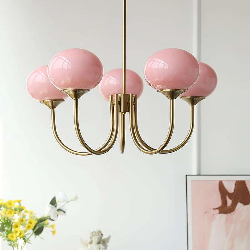Glazen Kroonluchter Met Roze Witte Of Creme Bollen En Gouden Of Chromen Frame Moderne Design Kroonluchter Met 3 Of 5 Lichtpunten Voor Woonkamer En Eetkamer | Sansoti
