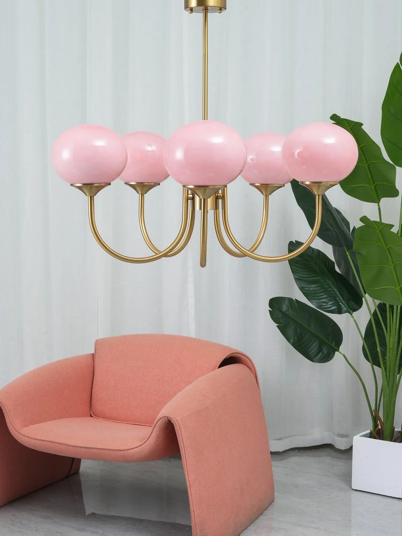 Glazen Kroonluchter Met Roze Witte Of Creme Bollen En Gouden Of Chromen Frame Moderne Design Kroonluchter Met 3 Of 5 Lichtpunten Voor Woonkamer En Eetkamer | Sansoti