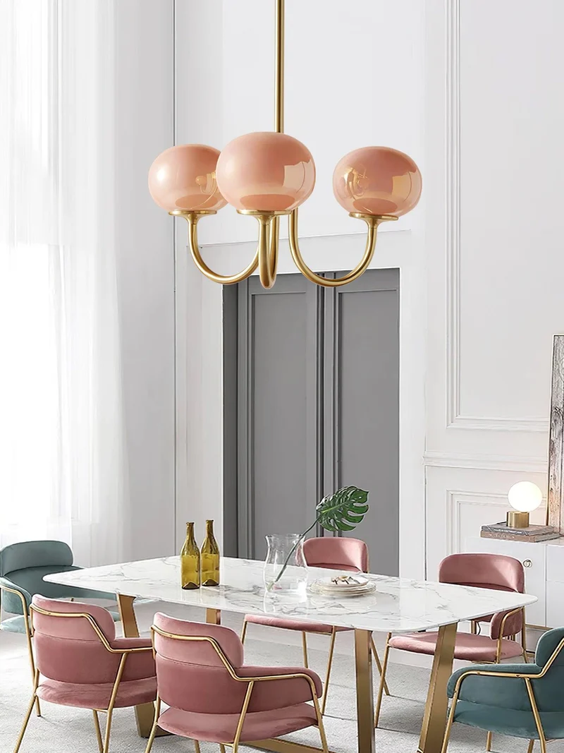 Glazen Kroonluchter Met Roze Witte Of Creme Bollen En Gouden Of Chromen Frame Moderne Design Kroonluchter Met 3 Of 5 Lichtpunten Voor Woonkamer En Eetkamer | Sansoti