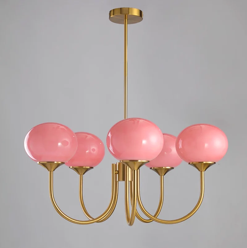 Glazen Kroonluchter Met Roze Witte Of Creme Bollen En Gouden Of Chromen Frame Moderne Design Kroonluchter Met 3 Of 5 Lichtpunten Voor Woonkamer En Eetkamer | Sansoti