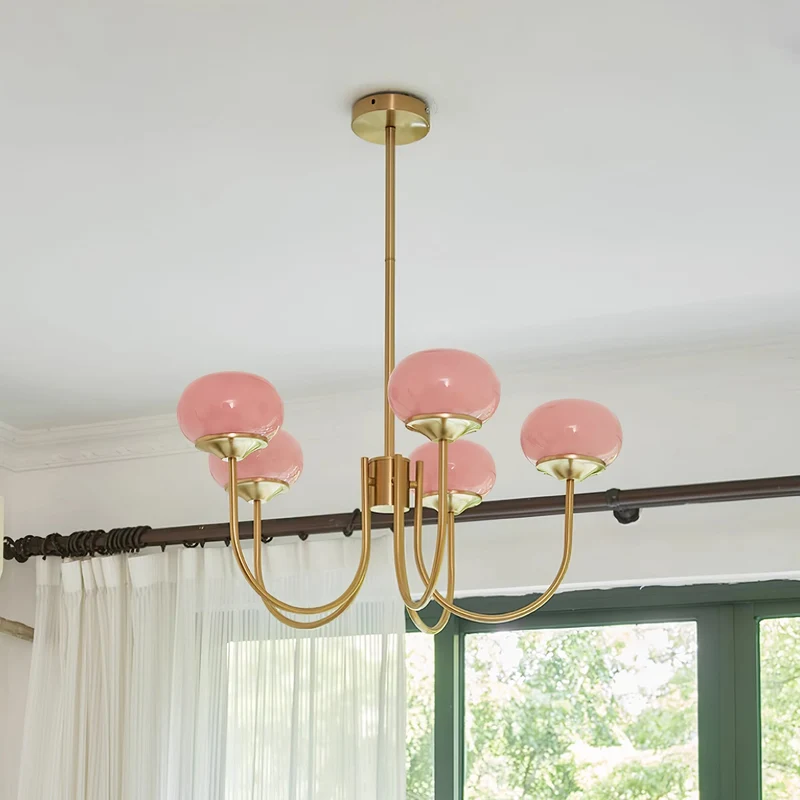 Glazen Kroonluchter Met Roze Witte Of Creme Bollen En Gouden Of Chromen Frame Moderne Design Kroonluchter Met 3 Of 5 Lichtpunten Voor Woonkamer En Eetkamer | Sansoti