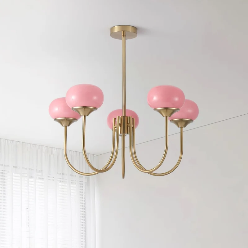 Glazen Kroonluchter Met Roze Witte Of Creme Bollen En Gouden Of Chromen Frame Moderne Design Kroonluchter Met 3 Of 5 Lichtpunten Voor Woonkamer En Eetkamer | Sansoti