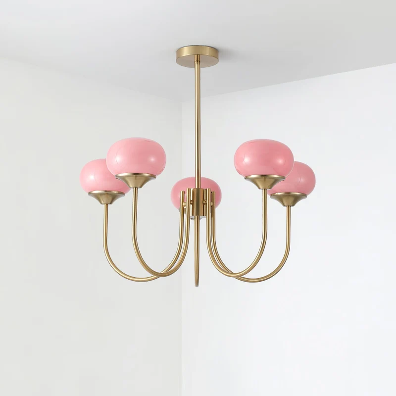 Glazen Kroonluchter Met Roze Witte Of Creme Bollen En Gouden Of Chromen Frame Moderne Design Kroonluchter Met 3 Of 5 Lichtpunten Voor Woonkamer En Eetkamer | Sansoti