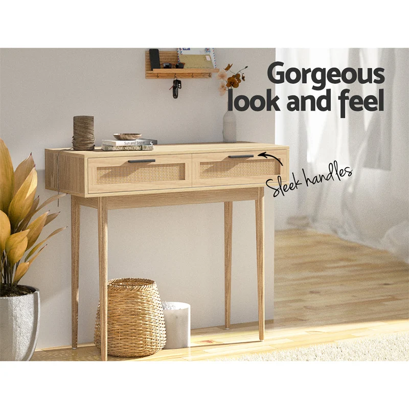 Console Tafel met Rotan Lades en Massief Houten Poten – Boho Haltafel 90 cm | Sansoti