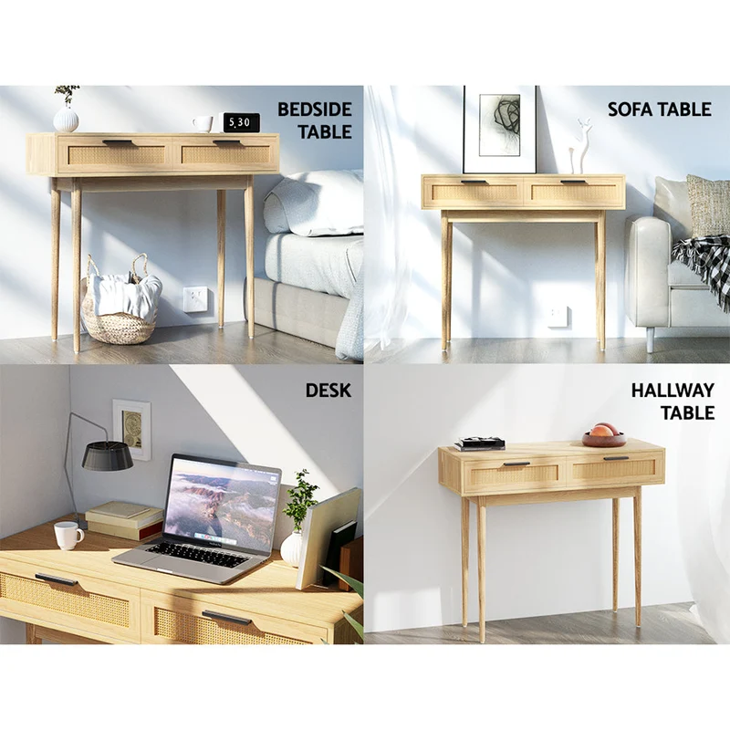 Console Tafel met Rotan Lades en Massief Houten Poten – Boho Haltafel 90 cm | Sansoti