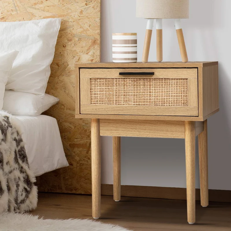 Nachtkastje met Rotan Lade en Houten Poten – Compact Boho Design 40 cm | Sansoti