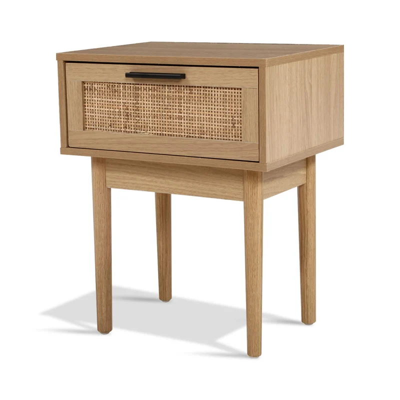Nachtkastje met Rotan Lade en Houten Poten – Compact Boho Design 40 cm | Sansoti