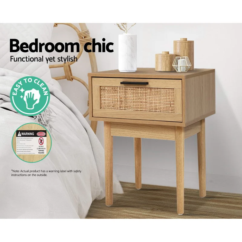 Nachtkastje met Rotan Lade en Houten Poten – Compact Boho Design 40 cm | Sansoti