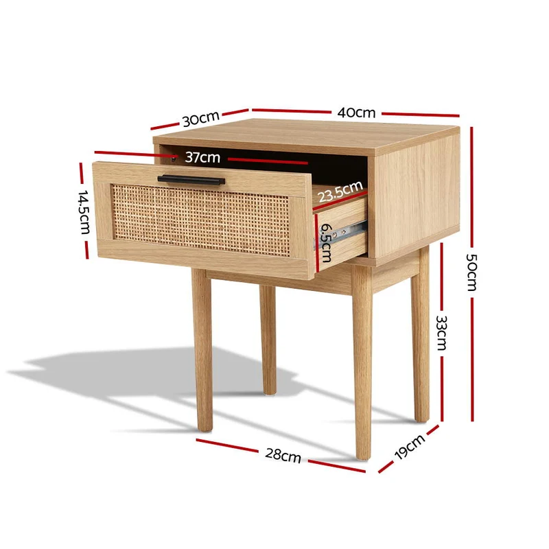 Nachtkastje met Rotan Lade en Houten Poten – Compact Boho Design 40 cm | Sansoti