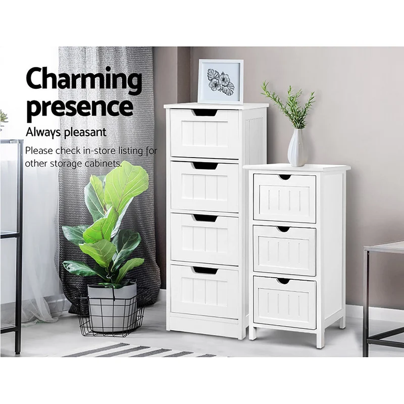 Smalle Witte Ladekast met 4 Lades – Landelijke Opbergkast van MDF 81 cm | Sansoti