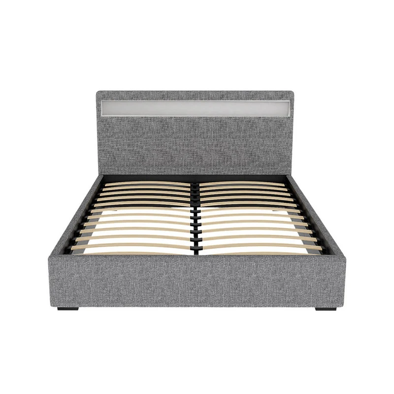 Tweepersoons Bedframe met Gaslift Opbergruimte en LED Hoofdbord – Grijs Gestoffeerd 140x190 cm | Sansoti