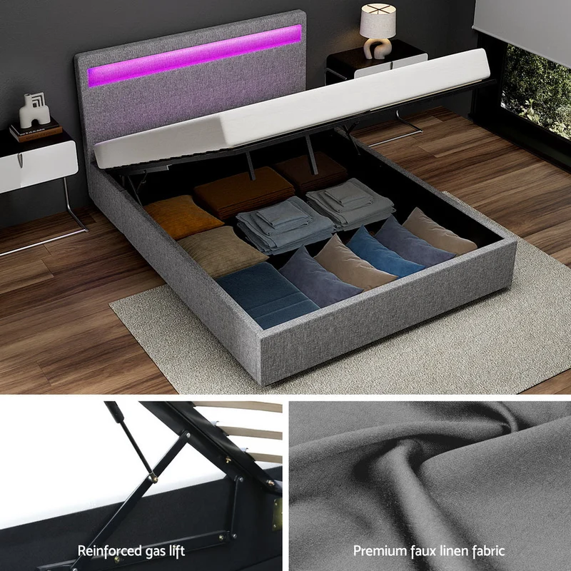 Tweepersoons Bedframe met Gaslift Opbergruimte en LED Hoofdbord – Grijs Gestoffeerd 140x190 cm | Sansoti