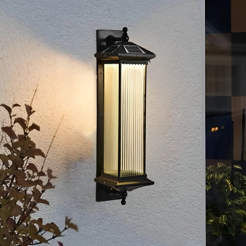 Buitenwandlamp Solar Aluminium Geribbeld Glas Koffiebruin IP55 Gevel Veranda Tuin Retro Wandlamp Buiten Lantaarn Villa | Sansoti