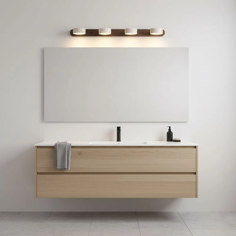 Travertijn Wandlamp Met Houten Basis En Dubbele LED Lichtbron Natuurlijke Steen Design Wandverlichting Voor Slaapkamer Hal En Woonkamer | Sansoti