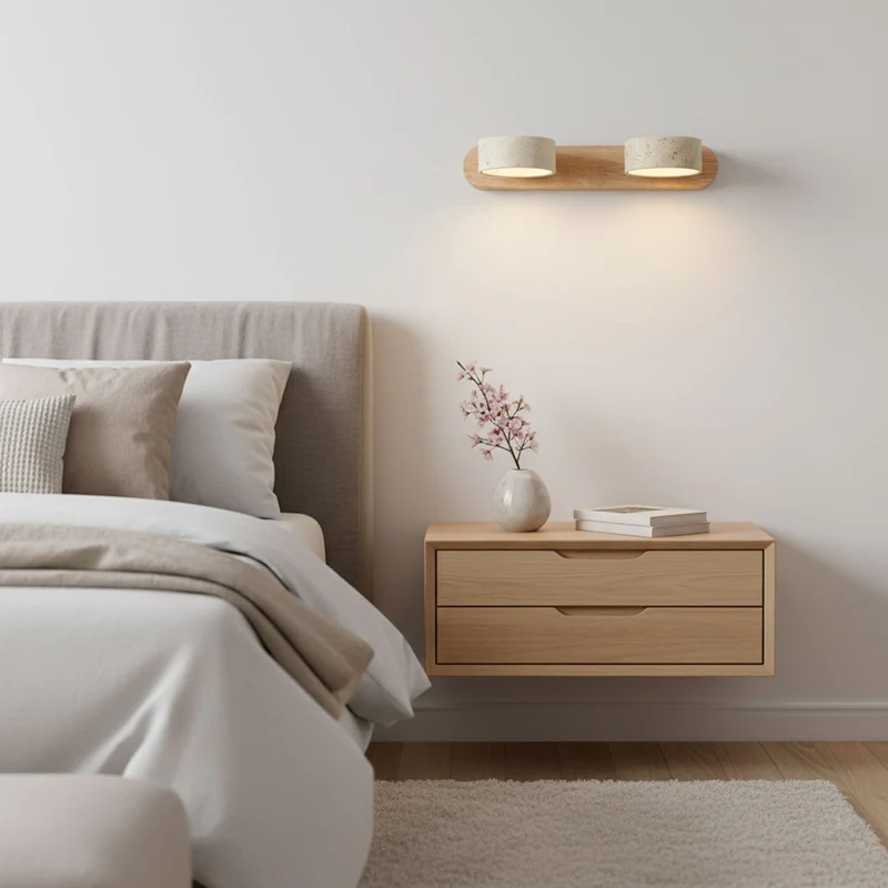 Travertijn Wandlamp Met Houten Basis En Dubbele LED Lichtbron Natuurlijke Steen Design Wandverlichting Voor Slaapkamer Hal En Woonkamer | Sansoti