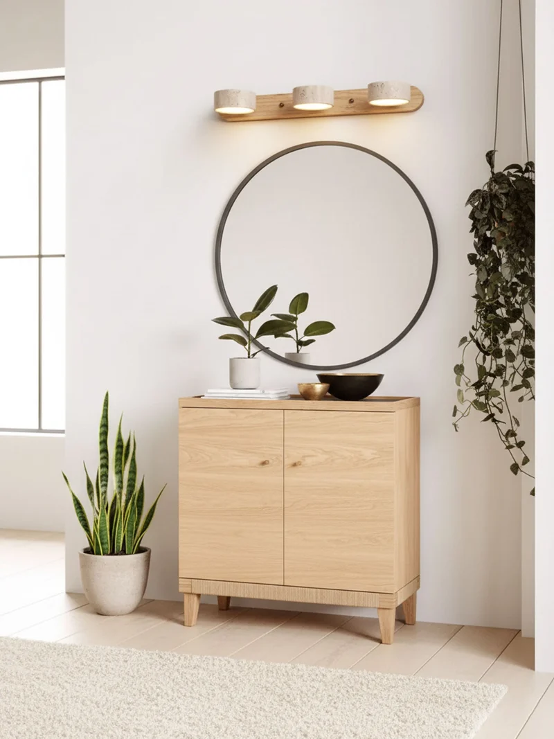 Travertijn Wandlamp Met Houten Basis En Dubbele LED Lichtbron Natuurlijke Steen Design Wandverlichting Voor Slaapkamer Hal En Woonkamer | Sansoti
