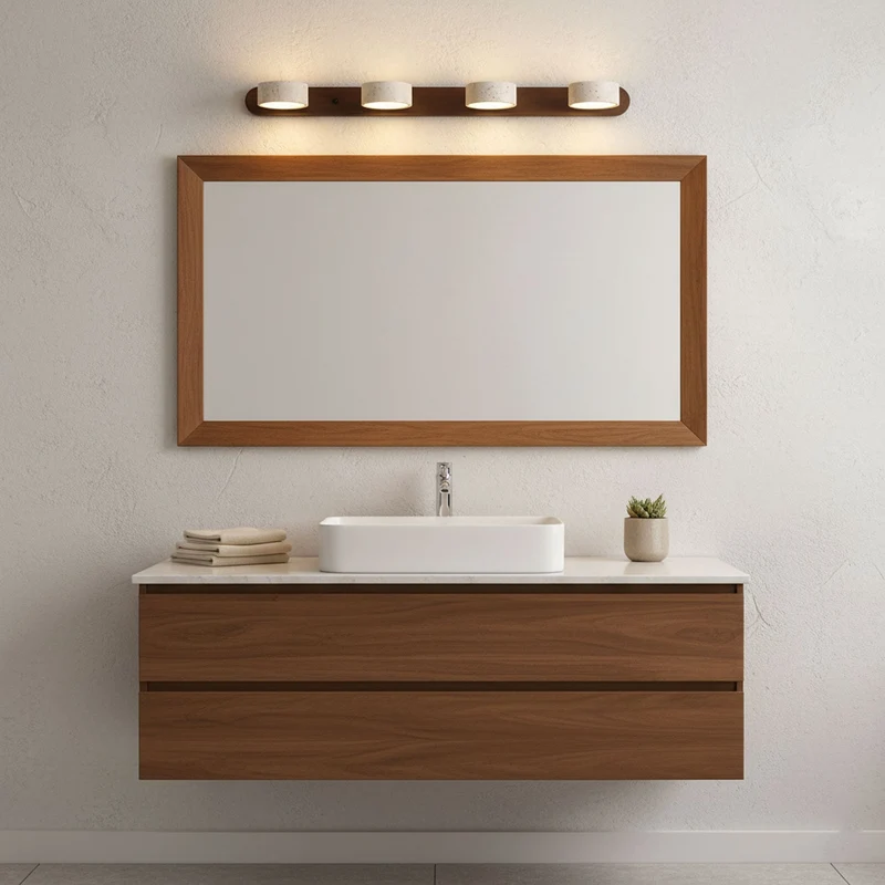 Travertijn Wandlamp Met Houten Basis En Dubbele LED Lichtbron Natuurlijke Steen Design Wandverlichting Voor Slaapkamer Hal En Woonkamer | Sansoti