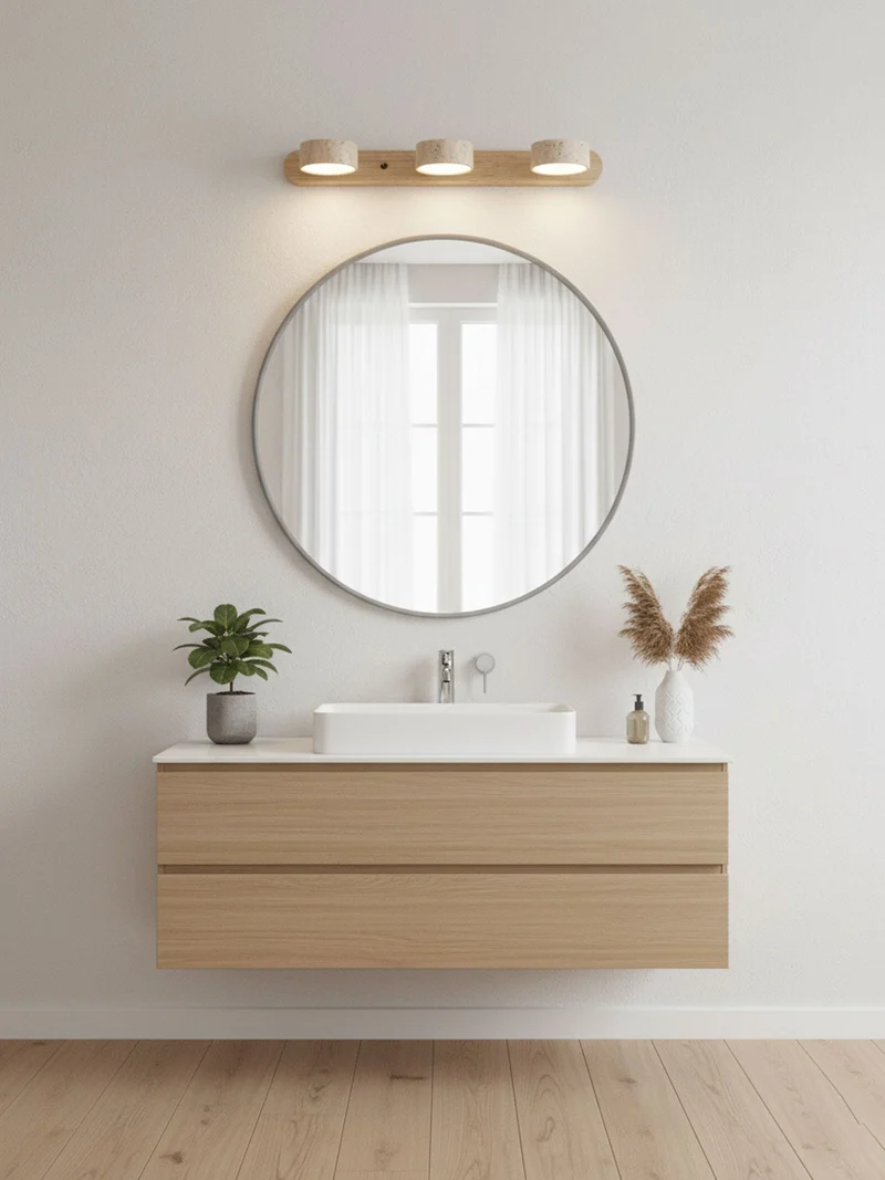 Travertijn Wandlamp Met Houten Basis En Dubbele LED Lichtbron Natuurlijke Steen Design Wandverlichting Voor Slaapkamer Hal En Woonkamer | Sansoti