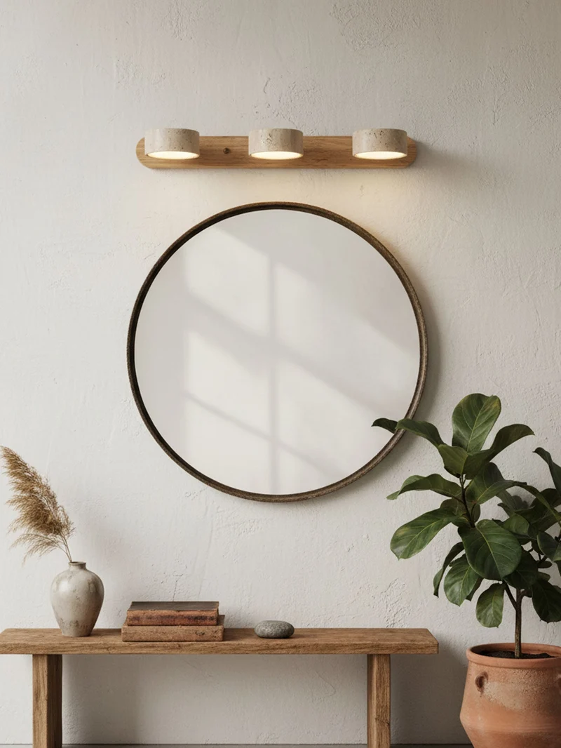 Travertijn Wandlamp Met Houten Basis En Dubbele LED Lichtbron Natuurlijke Steen Design Wandverlichting Voor Slaapkamer Hal En Woonkamer | Sansoti