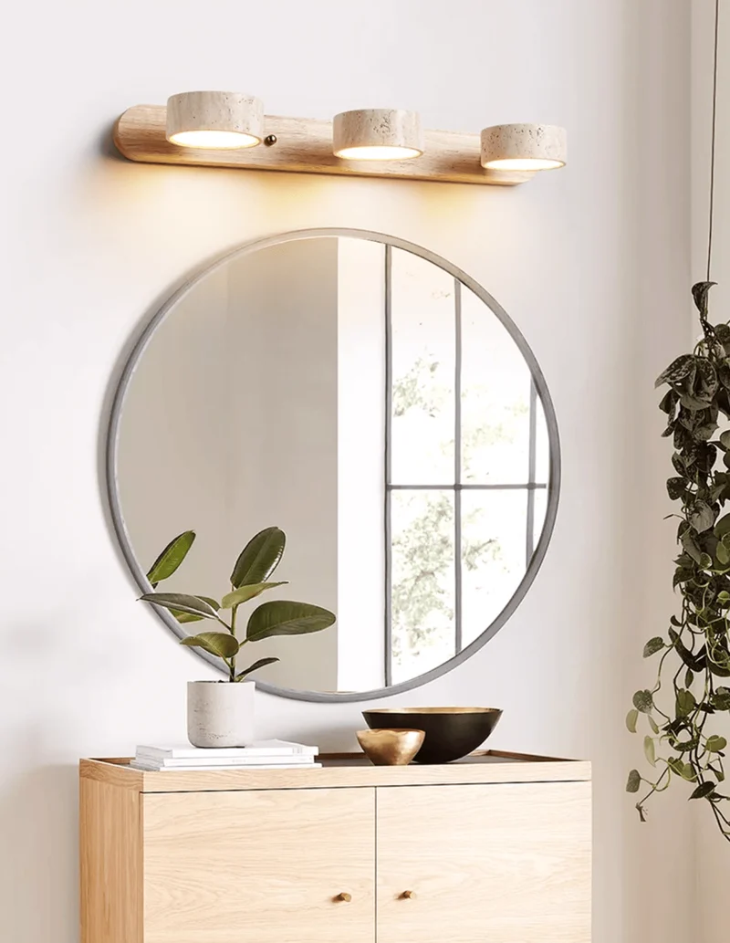 Travertijn Wandlamp Met Houten Basis En Dubbele LED Lichtbron Natuurlijke Steen Design Wandverlichting Voor Slaapkamer Hal En Woonkamer | Sansoti