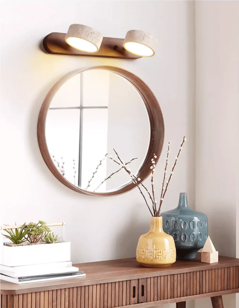 Travertijn Wandlamp Met Houten Basis En Dubbele LED Lichtbron Natuurlijke Steen Design Wandverlichting Voor Slaapkamer Hal En Woonkamer | Sansoti