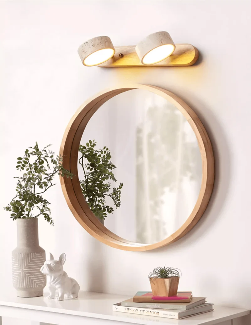 Travertijn Wandlamp Met Houten Basis En Dubbele LED Lichtbron Natuurlijke Steen Design Wandverlichting Voor Slaapkamer Hal En Woonkamer | Sansoti