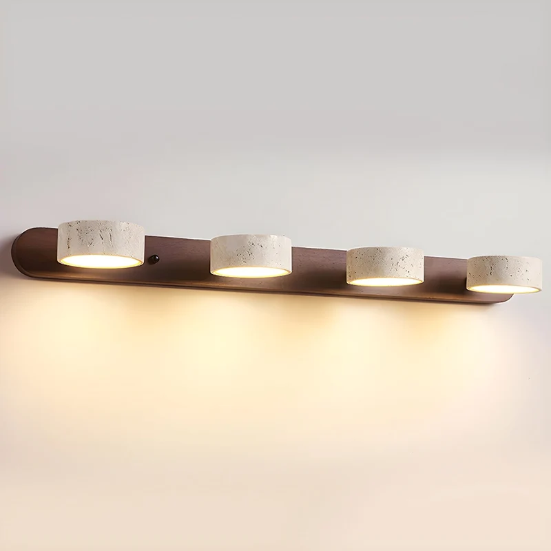 Travertijn Wandlamp Met Houten Basis En Dubbele LED Lichtbron Natuurlijke Steen Design Wandverlichting Voor Slaapkamer Hal En Woonkamer | Sansoti