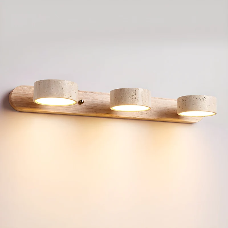 Travertijn Wandlamp Met Houten Basis En Dubbele LED Lichtbron Natuurlijke Steen Design Wandverlichting Voor Slaapkamer Hal En Woonkamer | Sansoti