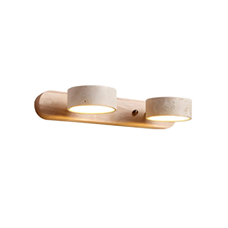 Travertijn Wandlamp Met Houten Basis En Dubbele LED Lichtbron Natuurlijke Steen Design Wandverlichting Voor Slaapkamer Hal En Woonkamer | Sansoti
