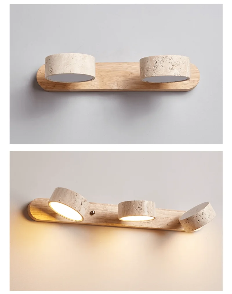 Travertijn Wandlamp Met Houten Basis En Dubbele LED Lichtbron Natuurlijke Steen Design Wandverlichting Voor Slaapkamer Hal En Woonkamer | Sansoti