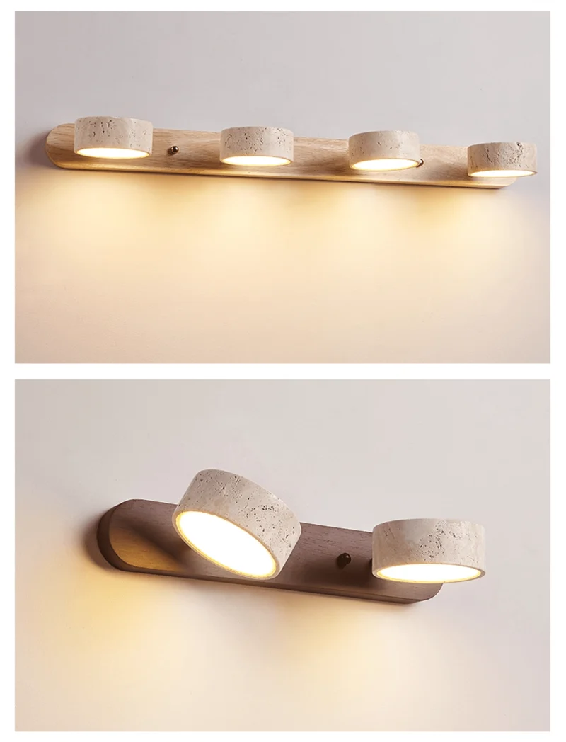 Travertijn Wandlamp Met Houten Basis En Dubbele LED Lichtbron Natuurlijke Steen Design Wandverlichting Voor Slaapkamer Hal En Woonkamer | Sansoti