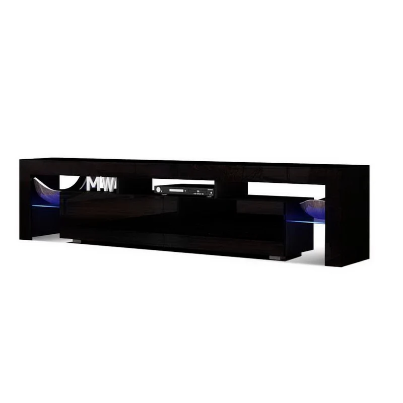 Moderne TV Meubel met RGB LED Verlichting 189 cm – Zwart Hoogglans Entertainment Unit met Lades en Glazen Plank | Sansoti