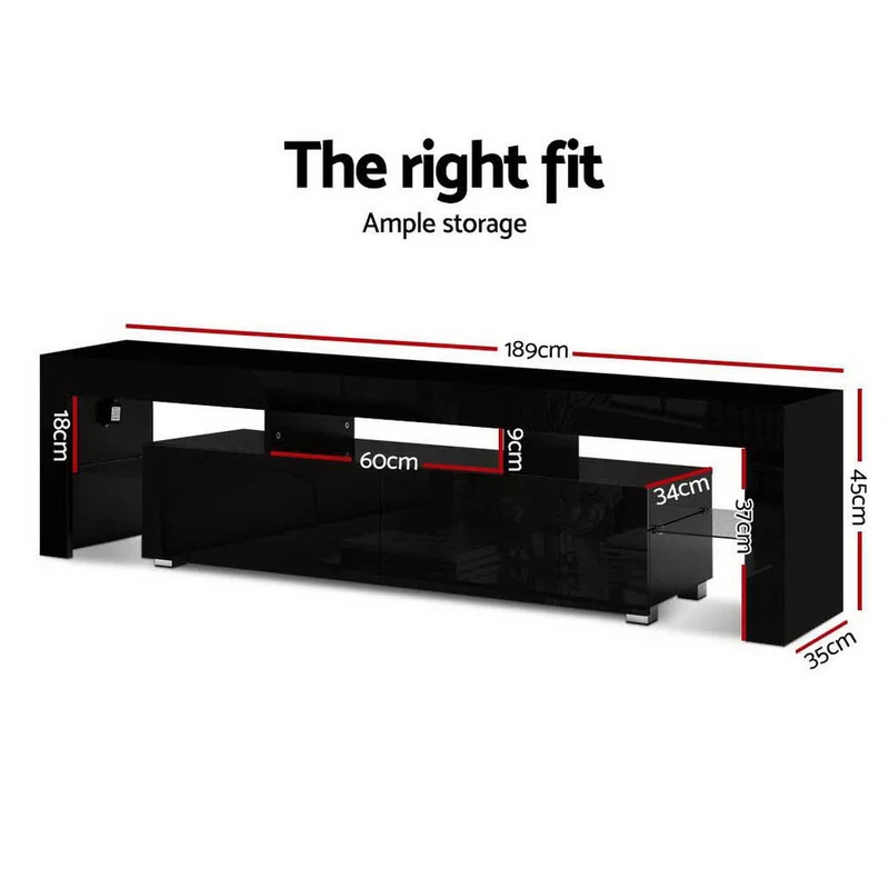 Moderne TV Meubel met RGB LED Verlichting 189 cm – Zwart Hoogglans Entertainment Unit met Lades en Glazen Plank | Sansoti
