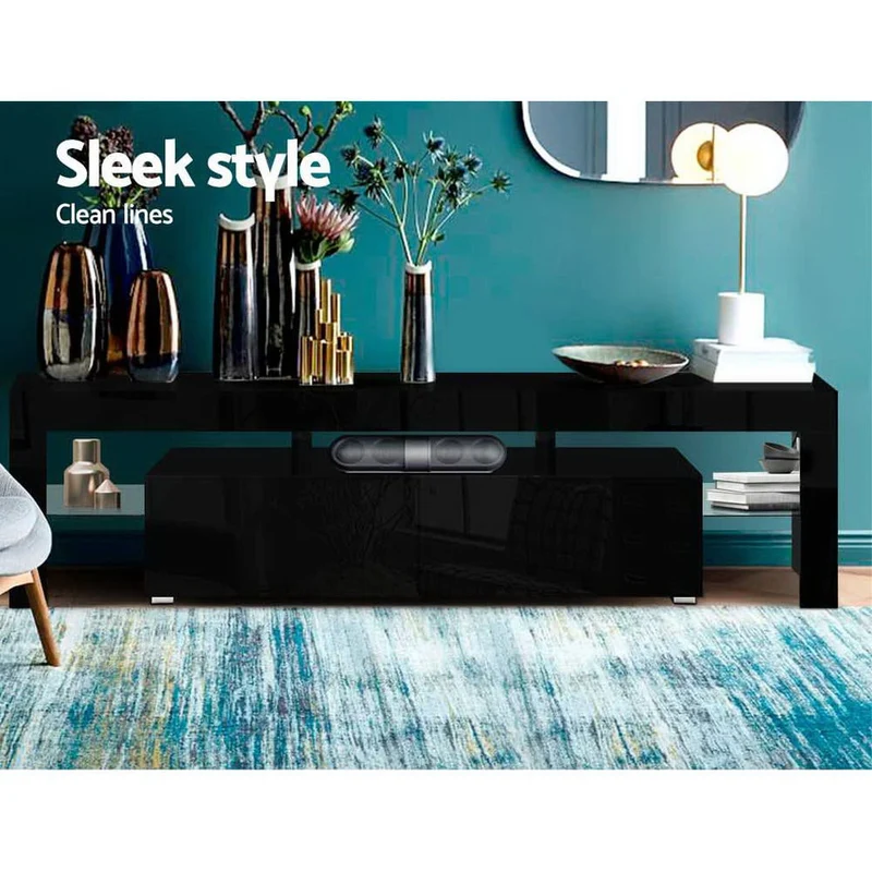 Moderne TV Meubel met RGB LED Verlichting 189 cm – Zwart Hoogglans Entertainment Unit met Lades en Glazen Plank | Sansoti
