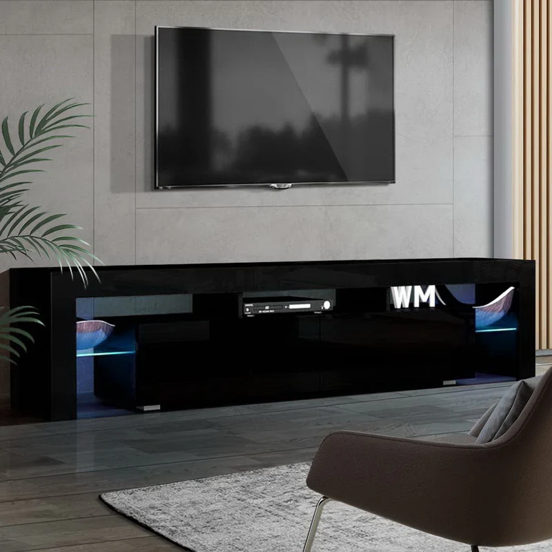 Moderne TV Meubel met RGB LED Verlichting 189 cm – Zwart Hoogglans Entertainment Unit met Lades en Glazen Plank | Sansoti