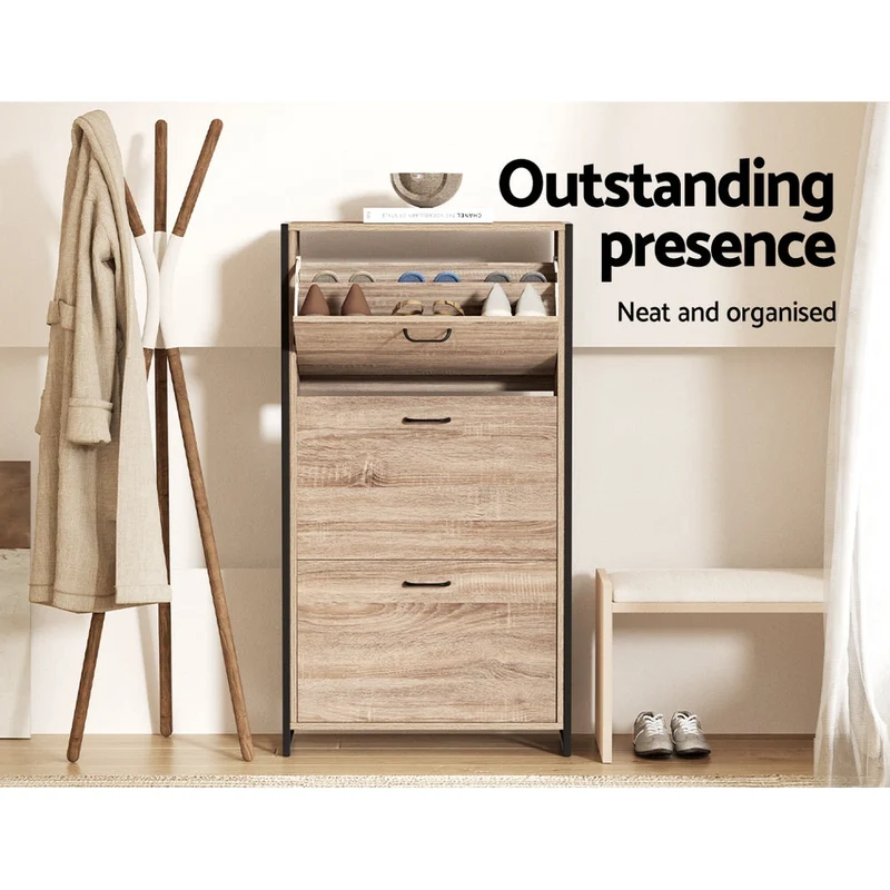Schoenenkast met Organiser en 24 Paar Opbergcapaciteit – Houten Front en Metalen Frame | Sansoti