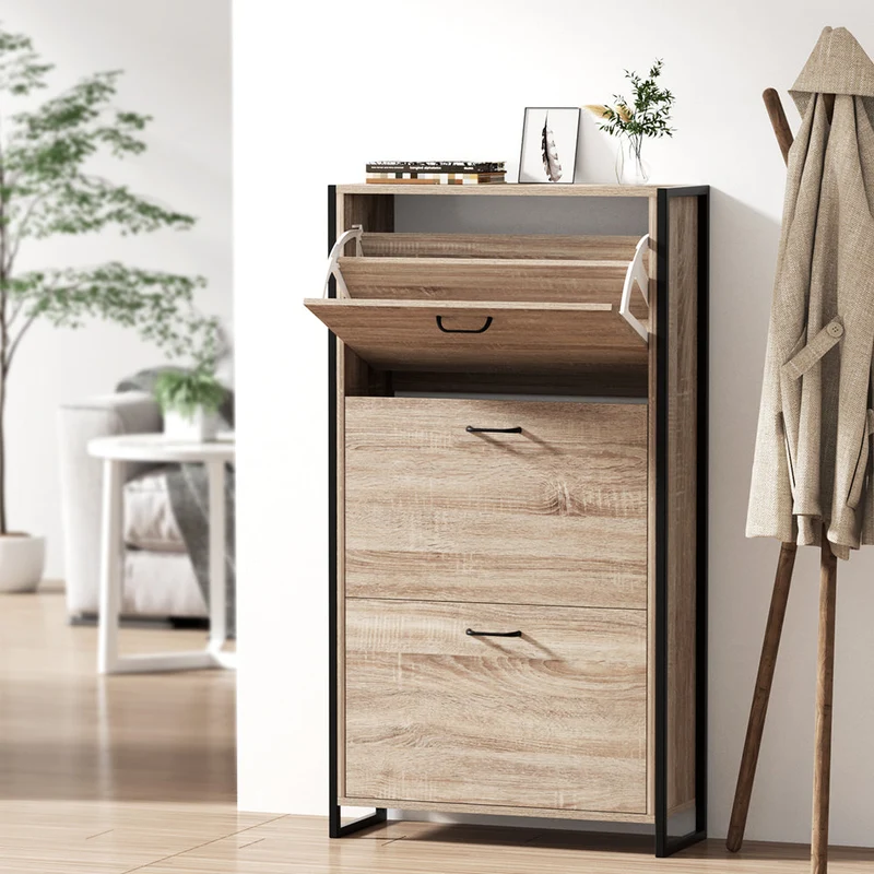 Schoenenkast met Organiser en 24 Paar Opbergcapaciteit – Houten Front en Metalen Frame | Sansoti