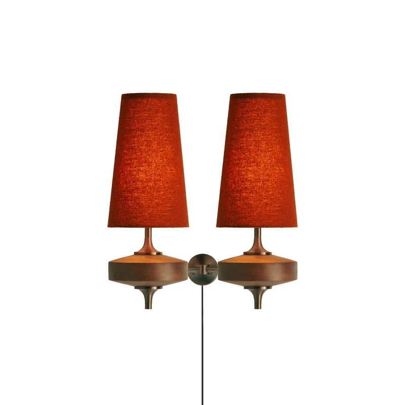 Design Wandlamp met Stekker in Hout en Messing – Natuurlijke Verlichting met Stoffen Kap 1 of 2 Lichtpunten | Sansoti