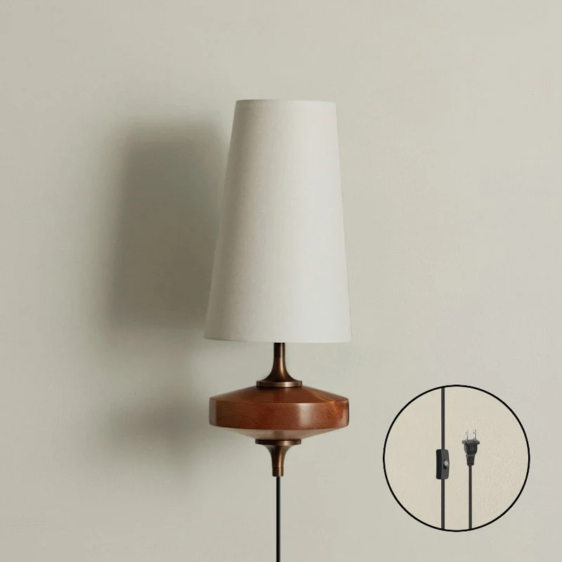Design Wandlamp met Stekker in Hout en Messing – Natuurlijke Verlichting met Stoffen Kap 1 of 2 Lichtpunten | Sansoti
