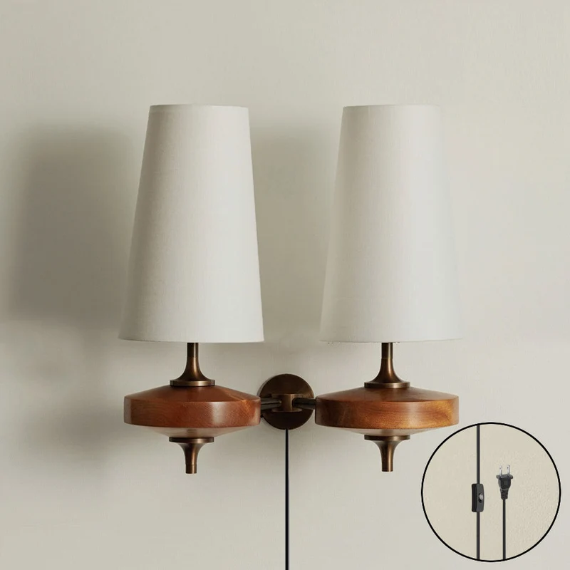 Design Wandlamp met Stekker in Hout en Messing – Natuurlijke Verlichting met Stoffen Kap 1 of 2 Lichtpunten | Sansoti