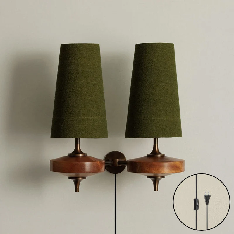 Design Wandlamp met Stekker in Hout en Messing – Natuurlijke Verlichting met Stoffen Kap 1 of 2 Lichtpunten | Sansoti