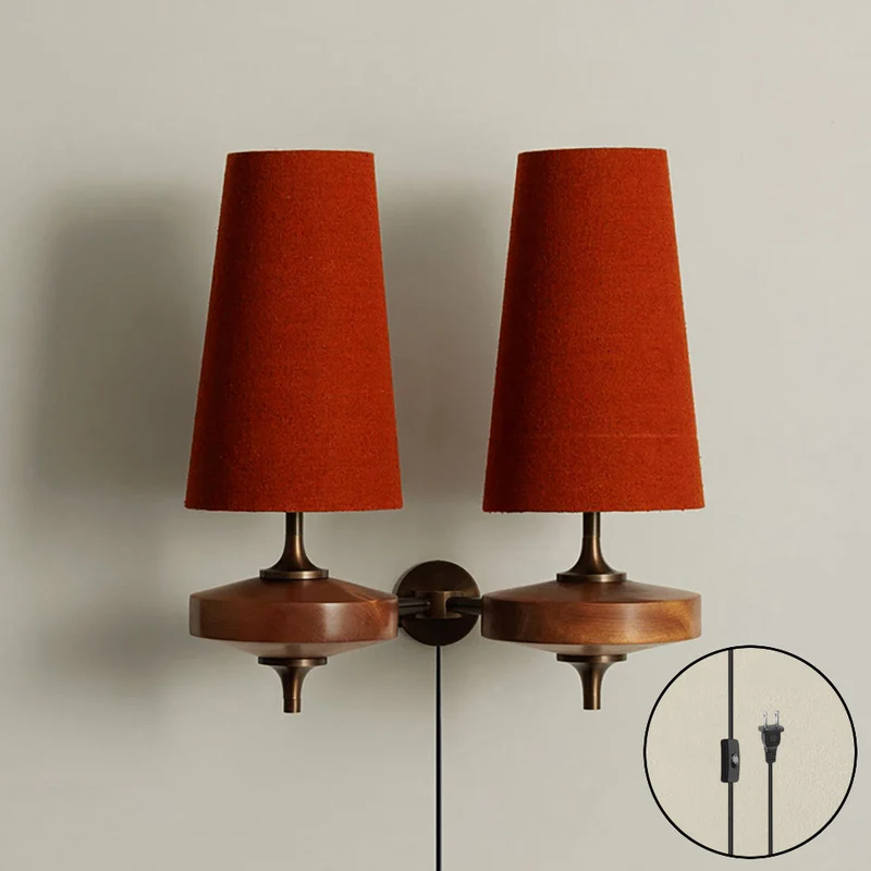 Design Wandlamp met Stekker in Hout en Messing – Natuurlijke Verlichting met Stoffen Kap 1 of 2 Lichtpunten | Sansoti