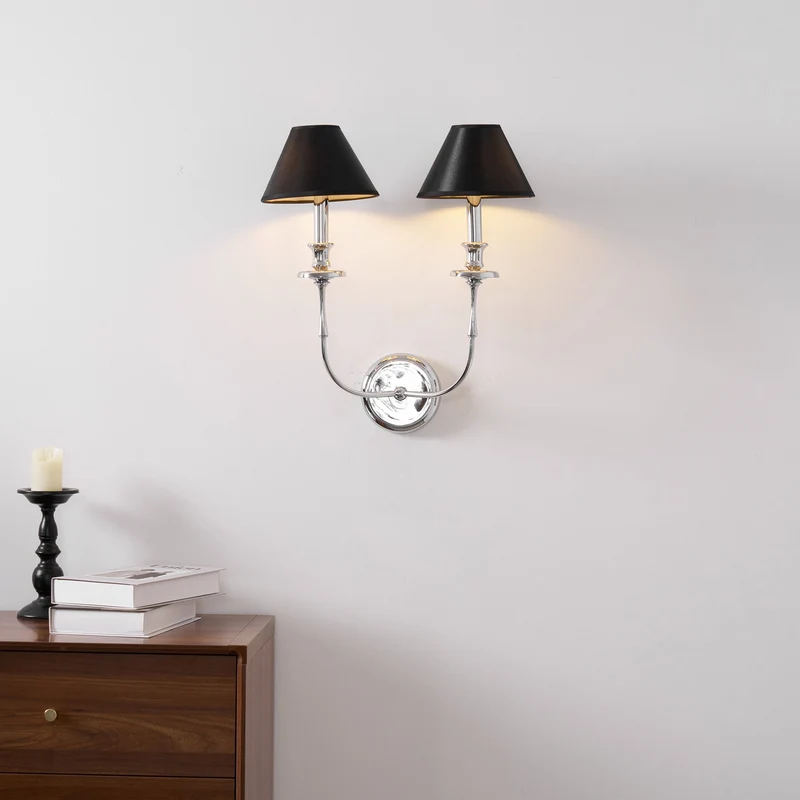 Moderne Wandlamp met Zwarte Stoffen Kap in Messing, Nikkel of Zwart – 1 of 2 Lichtpunten Design Verlichting | Sansoti